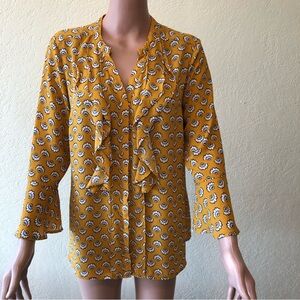 Charter Club Women’s Yellow Floral Blouse Size M 3/4 Sleeves V-Neck Raffles Top